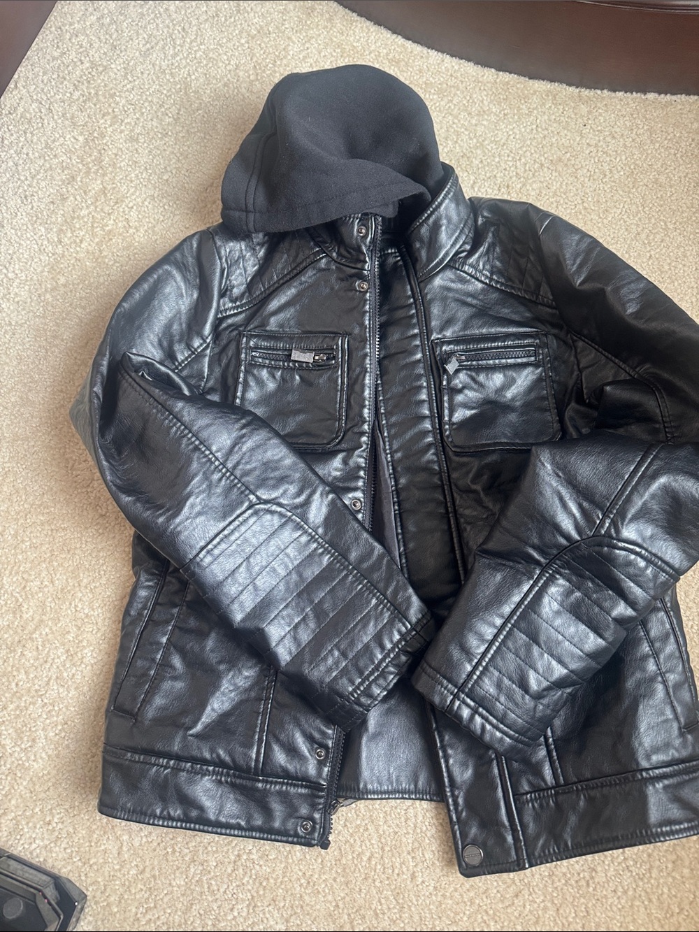 Urban Republic Black Faux Leather Jacket with Hood Size 18/20 never worn